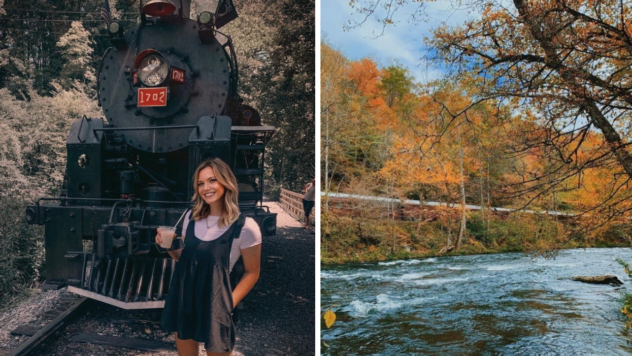 A woman holding a drink next to the diesel Great Smoky Mountains Railroad train. Right: The steam train riding along the Nantahala River.