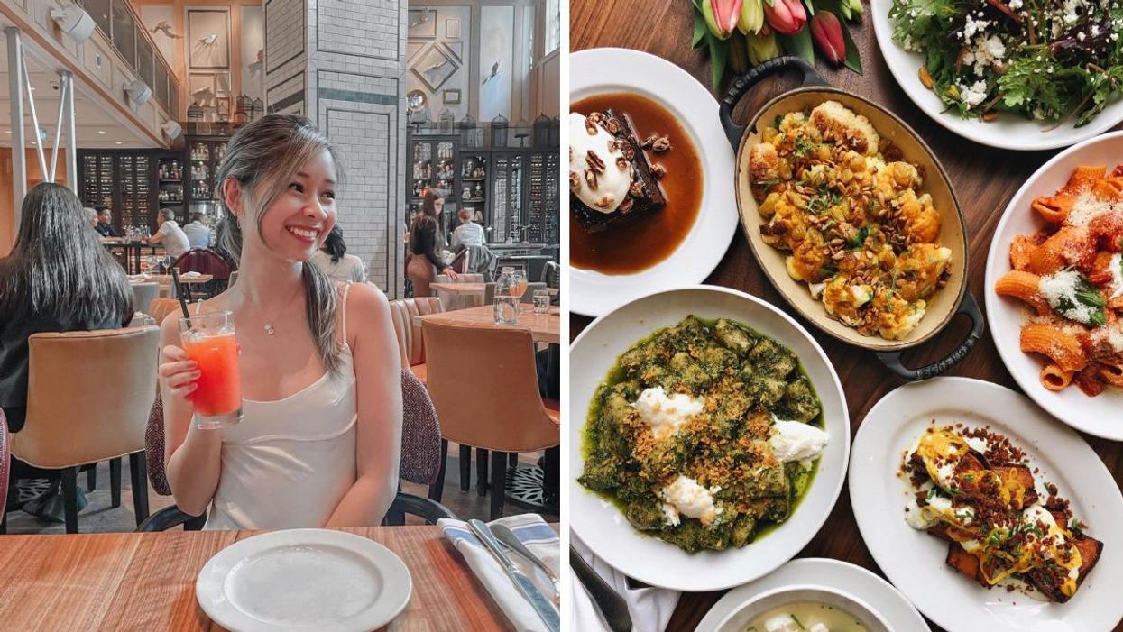 A woman holding a drink. Right: Restaurant dishes.