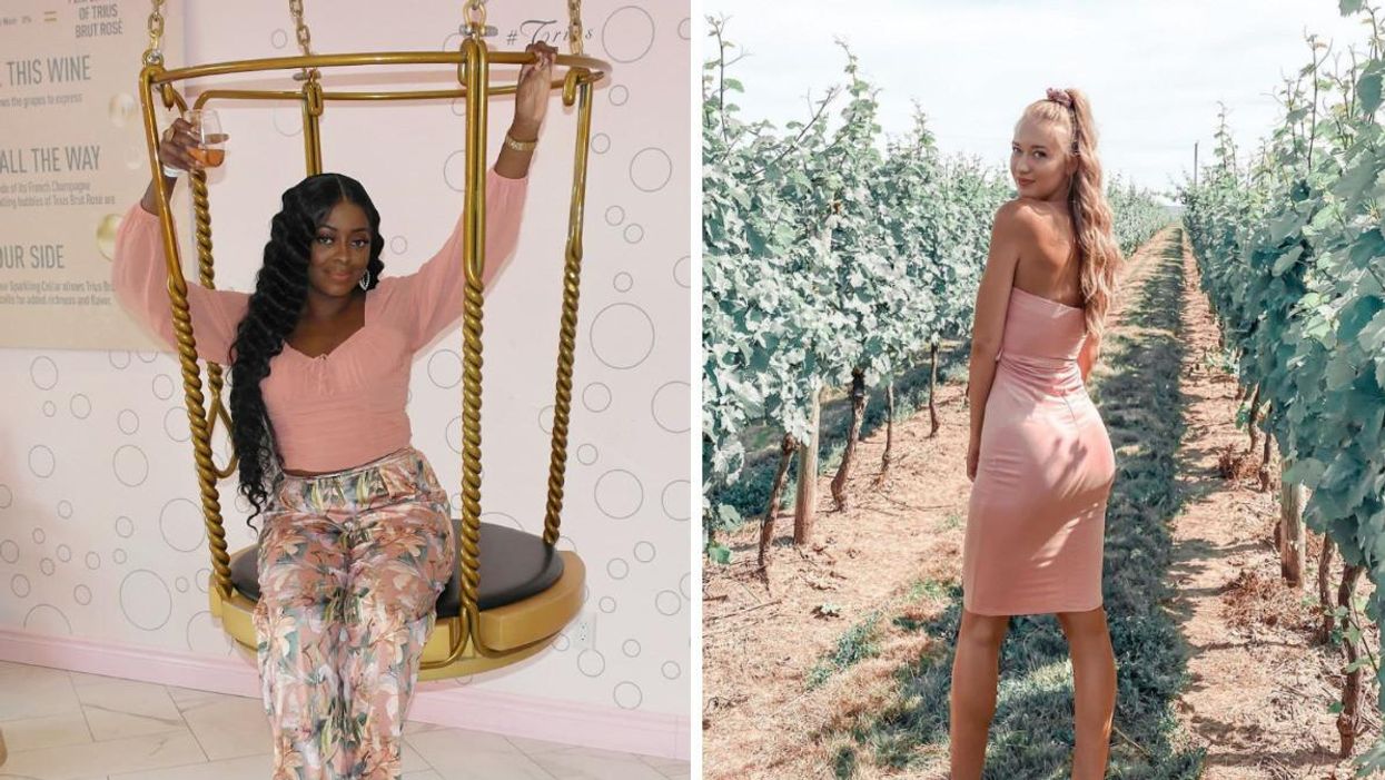 A woman holding a glass of wine sitting in a champagne cork swing. A woman standing in a vineyard.