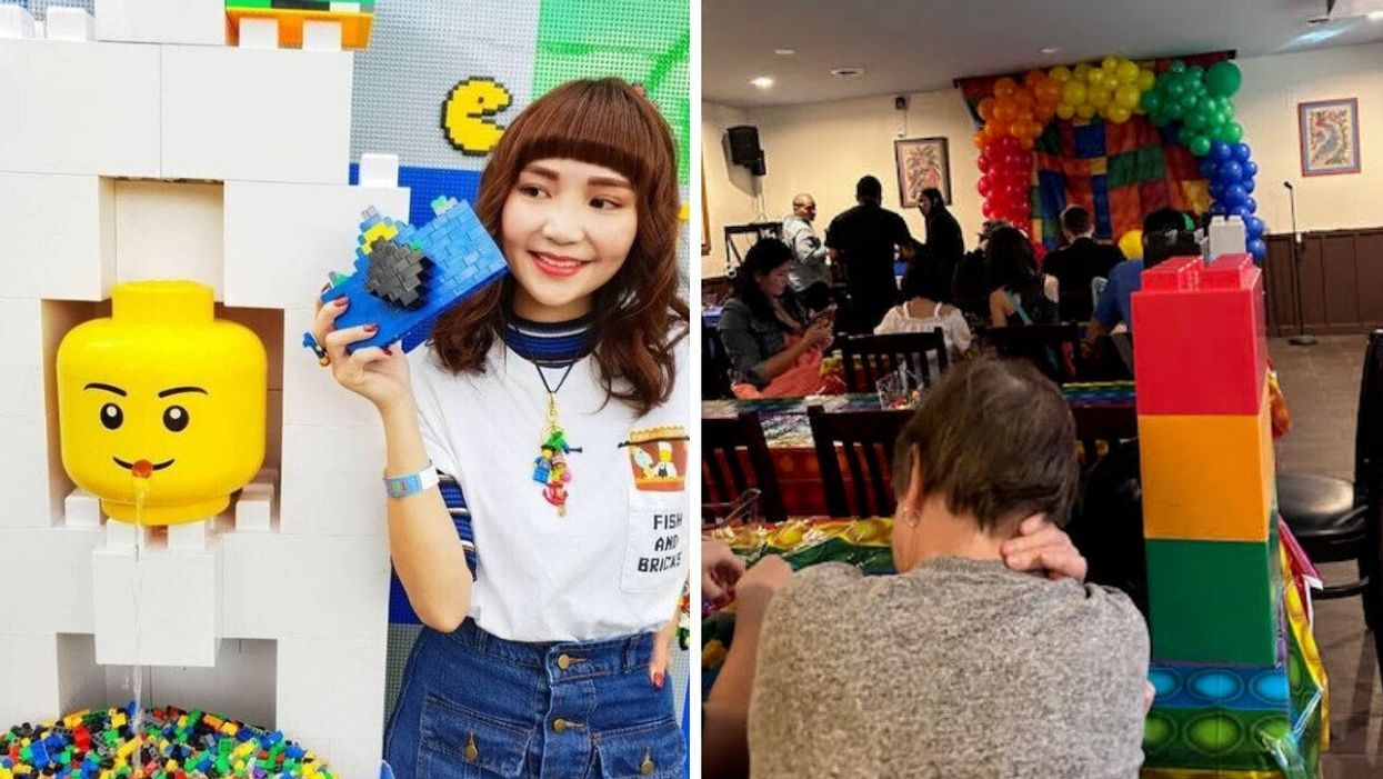A woman holding a LEGO camera beside a LEGO waterfall featuring a giant toy head. Right: People mill around in a colourful party room.