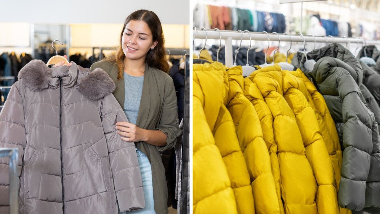 A woman holding a long grey winter jacket in a store. Right: Yellow and black puffy winter jackets on hangers in a store.