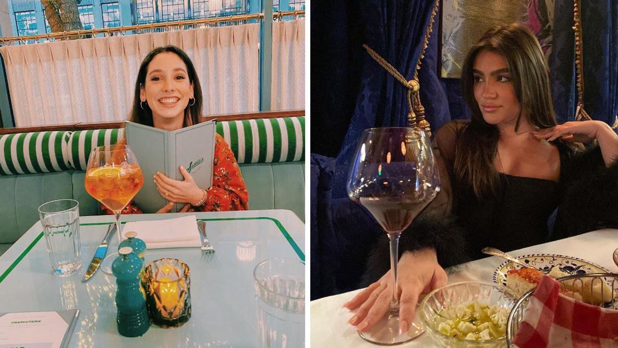 A woman holding a menu at Sadelle's. Right: A woman drinking wine at Carbone.