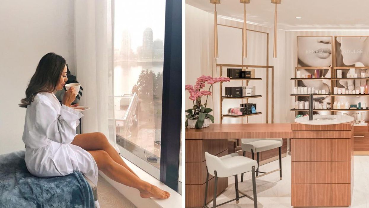 A woman holding a mug at a spa. Right: Spa by JW Vancouver.