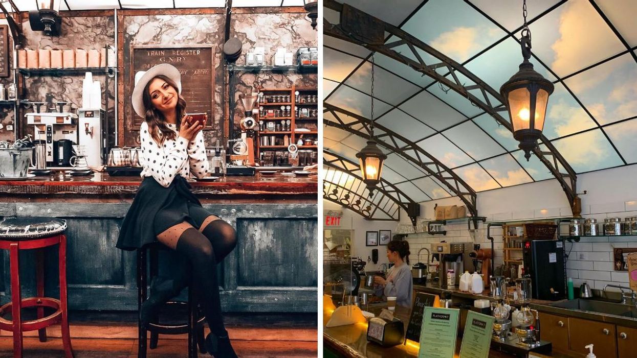 A woman holding a mug in a coffee shop. Right: Train station coffee shop.