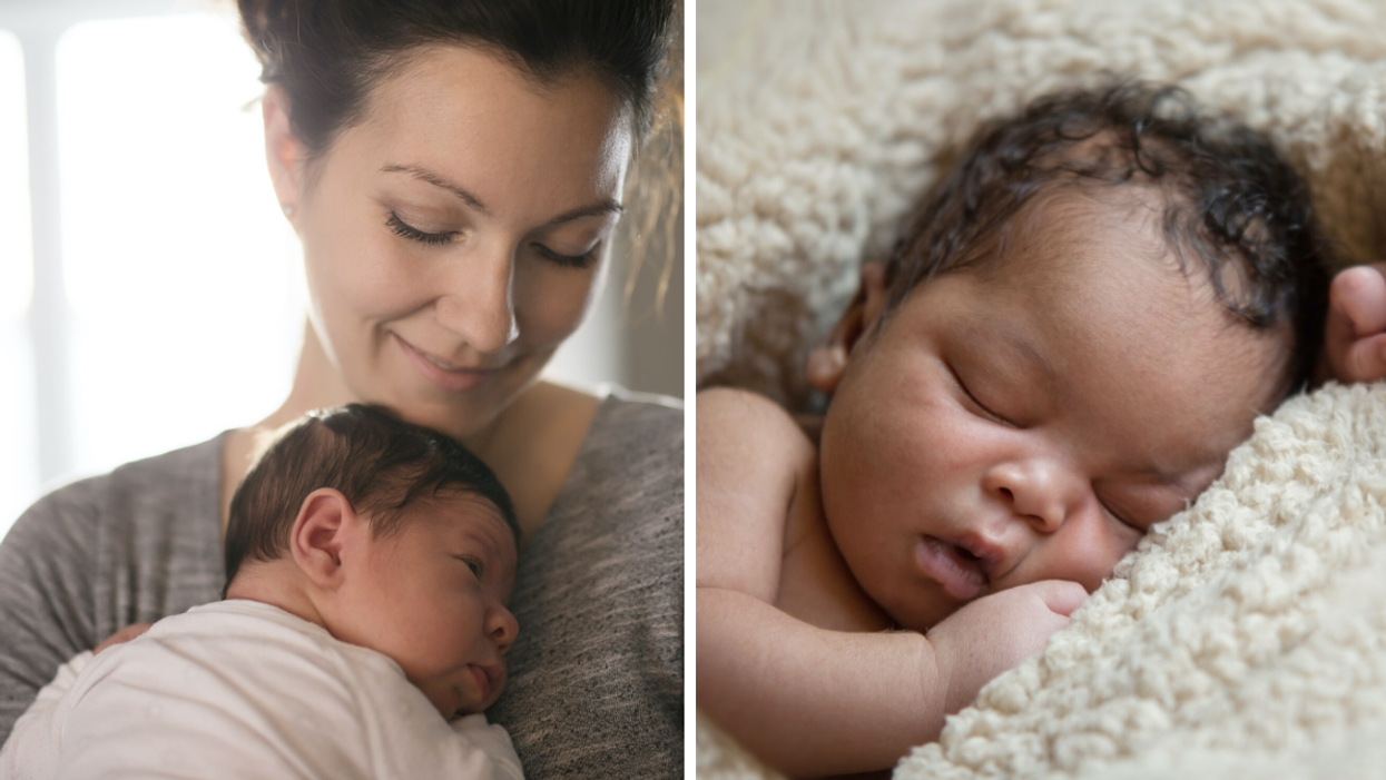 A woman holding a newborn. Right: A baby sleeping.