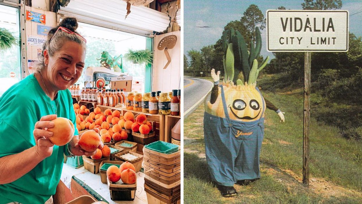 A woman holding a peach at a roadside produce stand. Right: Yumion the onion, Vidalia's official mascot.