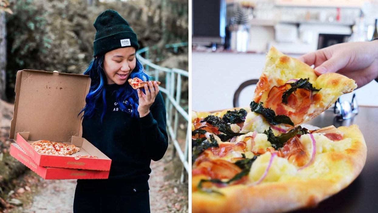 A woman holding a pizza. Right: A hand grabbing a pizza slice.