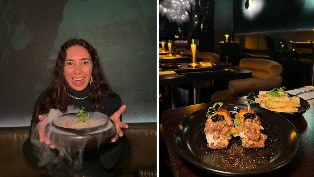 A woman holding a plate of ceviche with dry ice coming out of it. Right: A plate of Tostada Nikkei and a side of yuca fries at a Toronto restaurant.