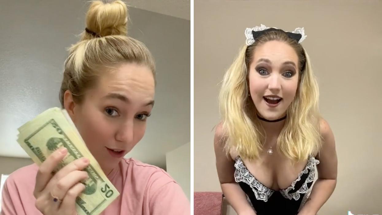 A woman holding a stack of cash. Right: A woman in a maid's outfit.