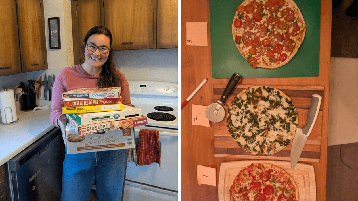 A woman holding a stack of frozen pizza boxes. Right: three pizzas on cutting boards side by side.