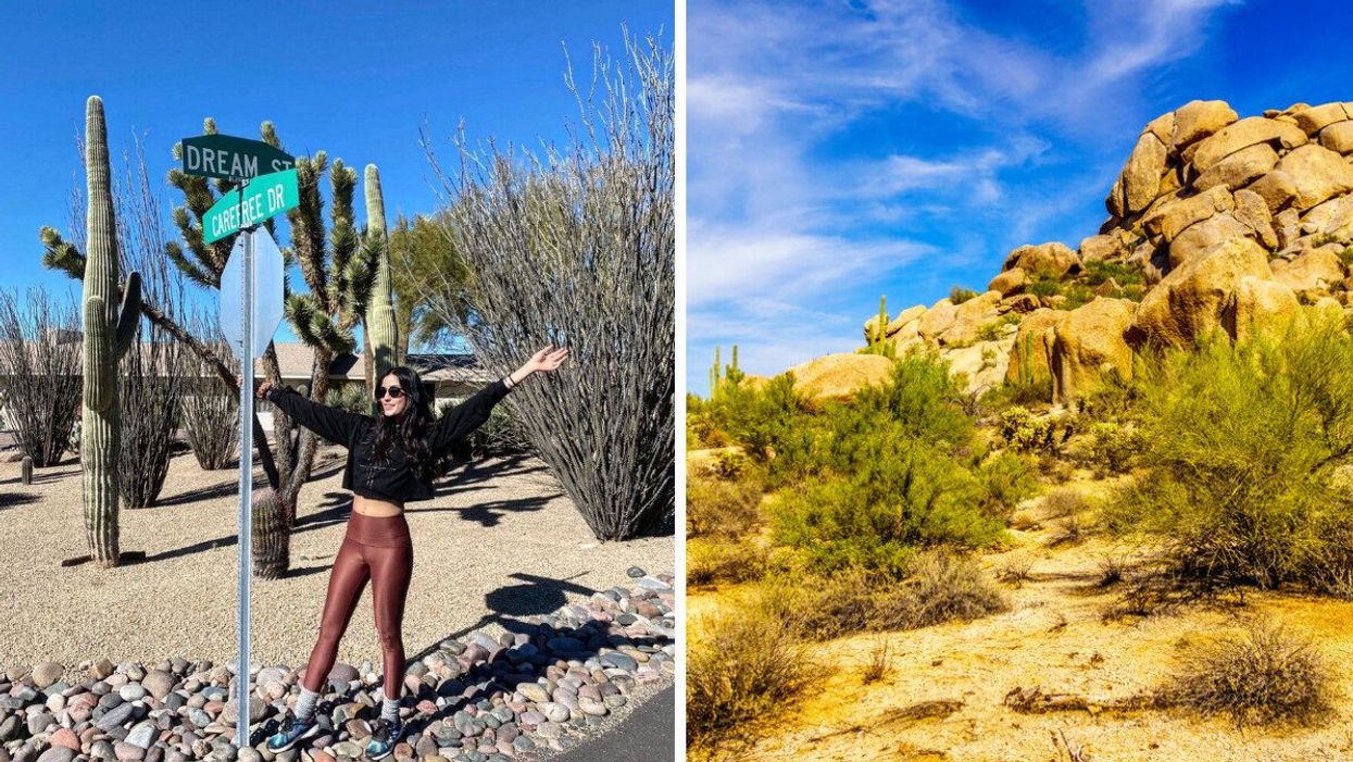 A woman holding a stop sign in Carefree, AZ. Right: The Arizona desert near Carefree, AZ.