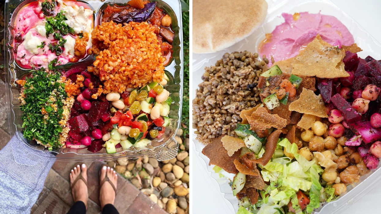A woman holding a to-go box of food from The Mediterranean Chickpea. Right: Food from The Mediterranean Chickpea.