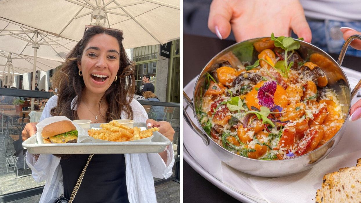 A woman holding a tray with a burger and crinkle fries on it. Right: A breakfast dish being held up by an employee and it's super colouful.