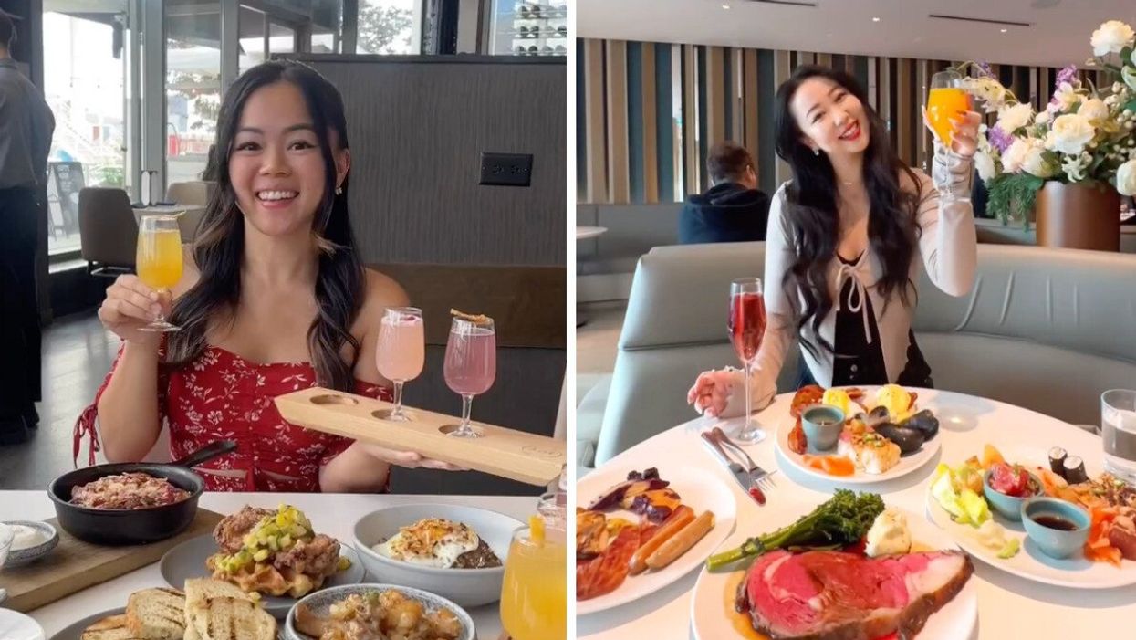 A woman holding an orange drink with a tray of pink drinks in her other hand and plates of food in front of her. Right: A women holding up a beverage with plates of food on the table in front of her.