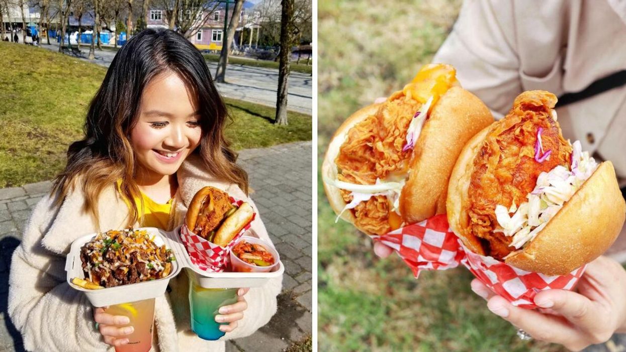 A woman holding food. Right: A chicken burger.