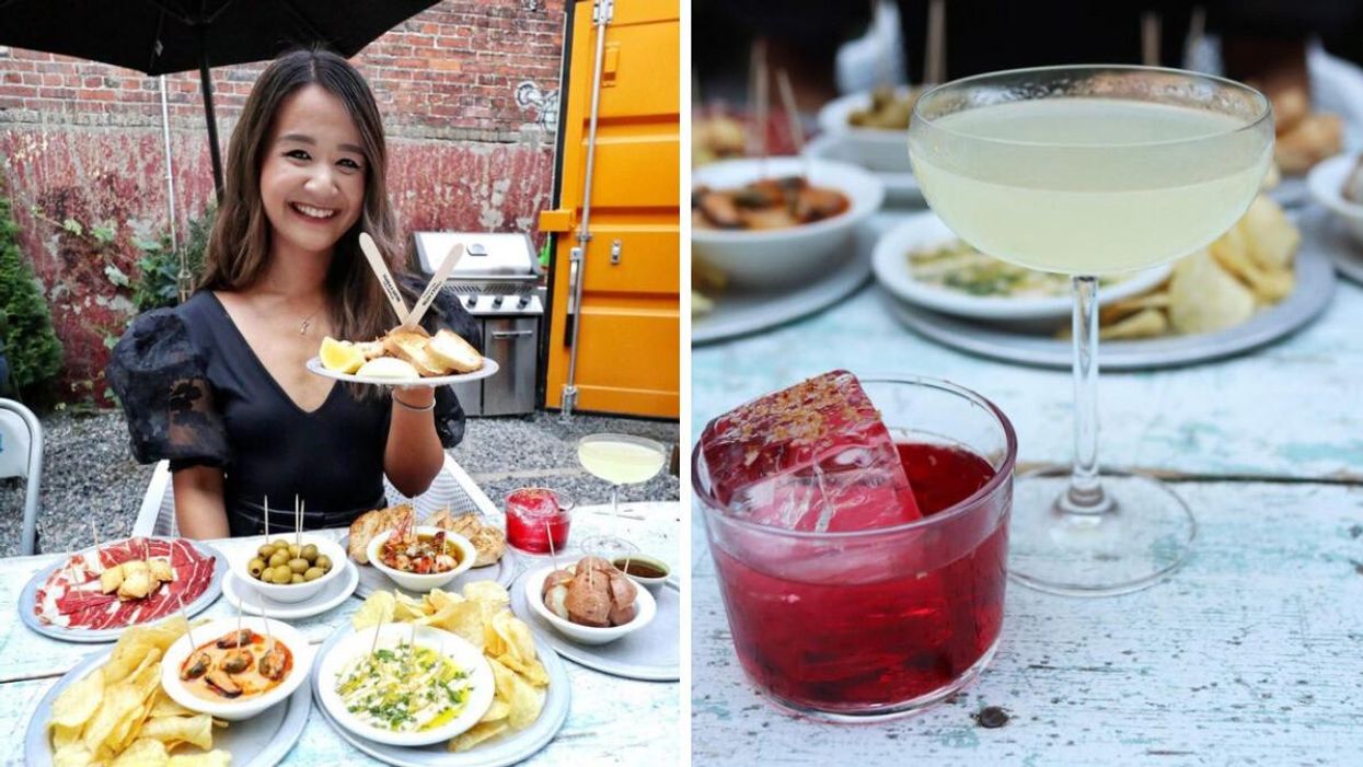 A woman holding food. Right: Drinks.