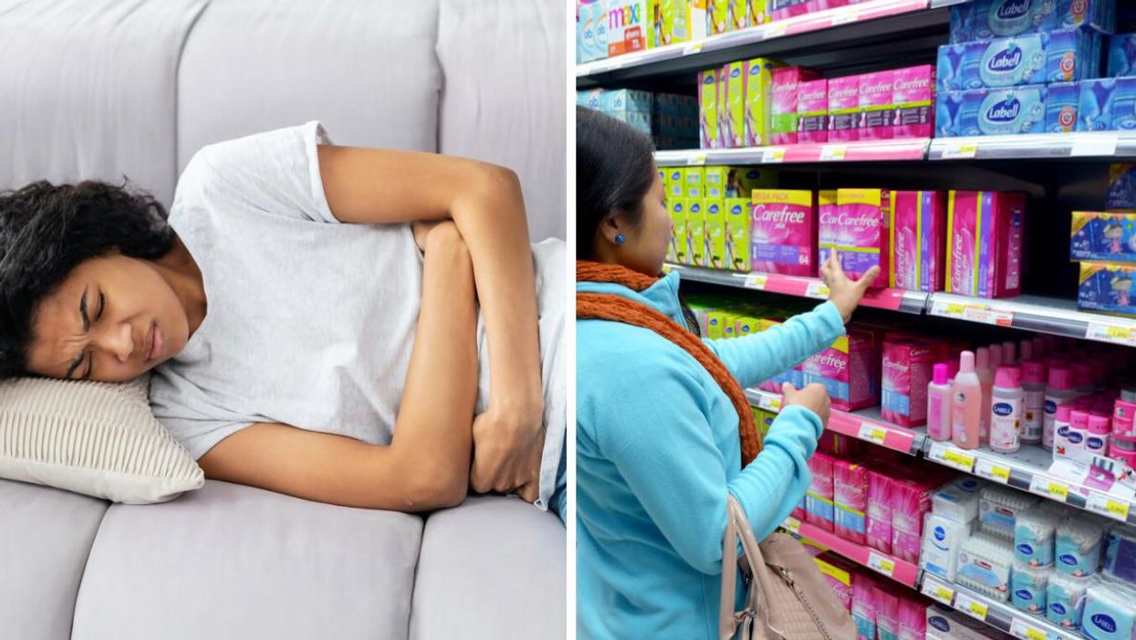 A woman holding her belly in pain while lying on a couch. Right: A woman buying sanitary products.