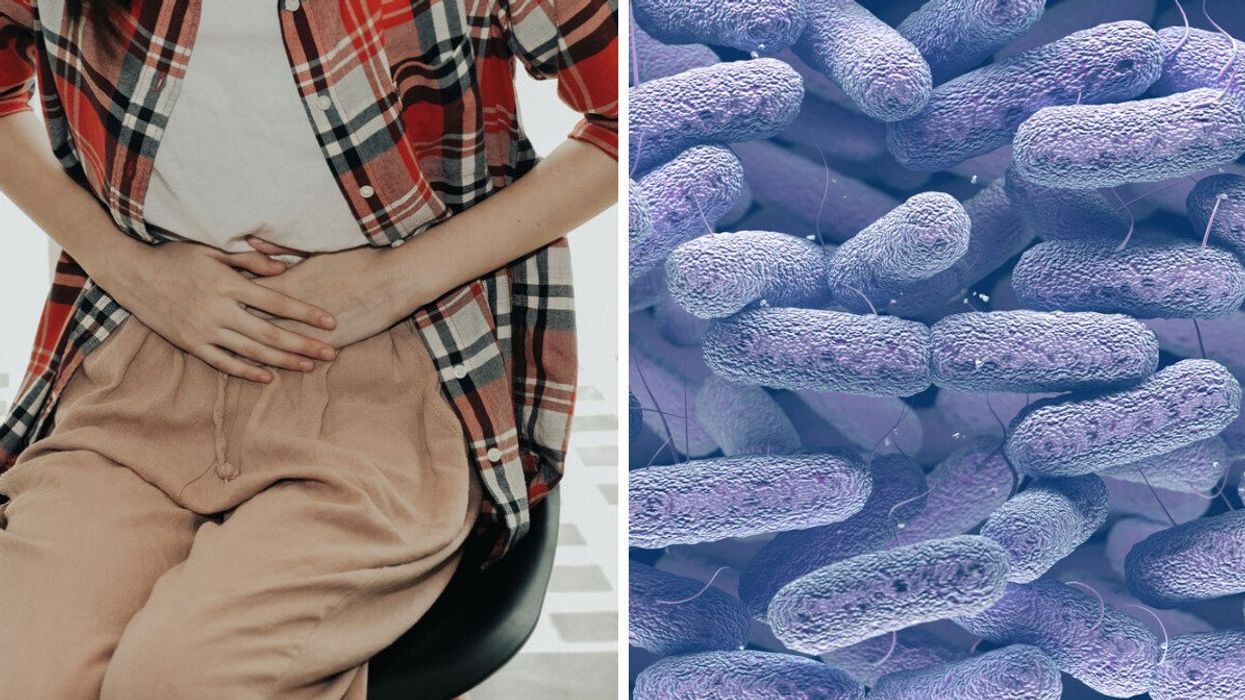 A woman holding her stomach. Right: Enterobacteriaceae bacteria family.