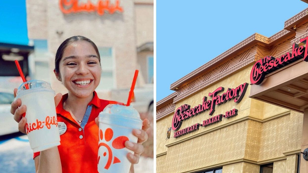 A woman holding two Chick-fil-A drinks. Right: A Cheesecake Factory location.