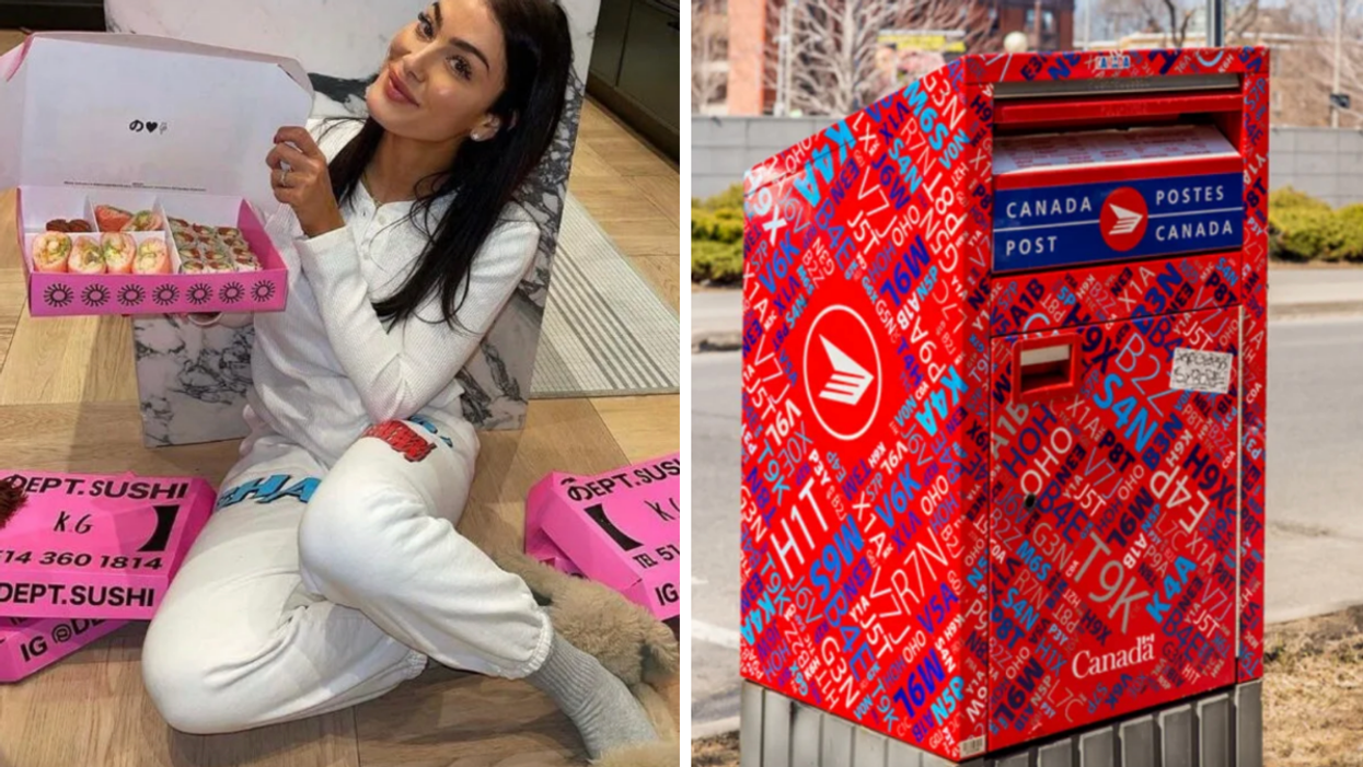 A woman holding up a box of takeout sushi. Right: A Canada Post mailbox.