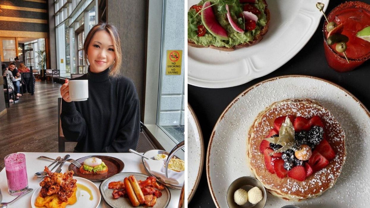 A woman holding up a coffee mug with a variety of dishes in front of her at a restaurant. Right: A plate of pancakes with fruit on top, another plate with avocado toast and a Caesar cocktail.