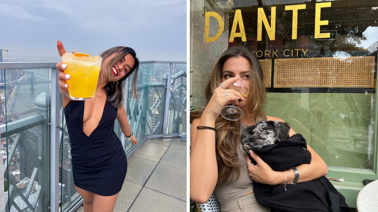 A woman holding up a drink. Right: A woman drinking a cocktail holding her dog.