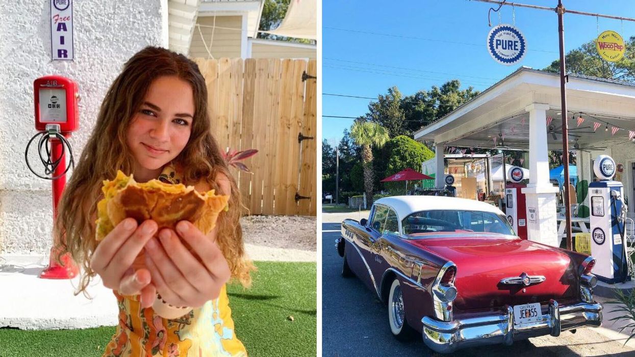 A woman holding up a sandwich. Right: A vintage car is parked outside Finches Sandwiches & Sundries.