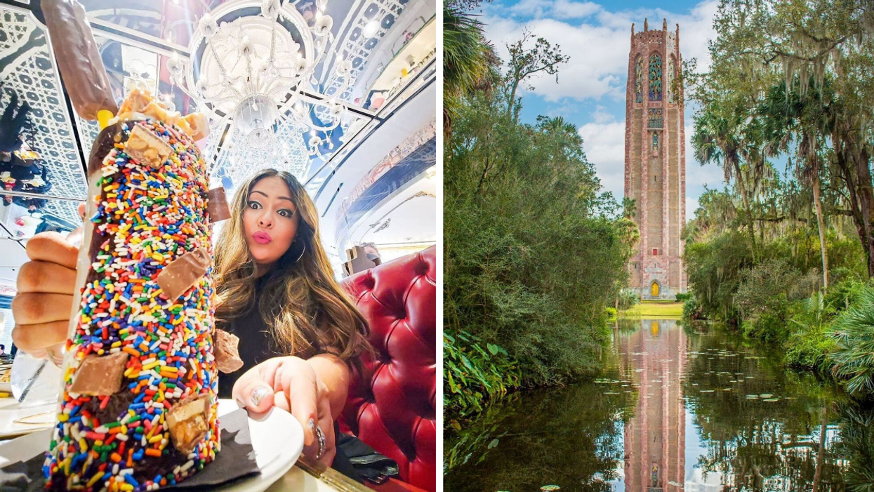 A woman holding up a sweet treat at the Sugar Factory in ICON Park. Right: The landscape of Bok Tower Gardens.