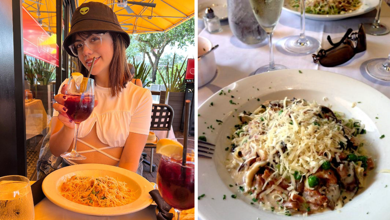 A woman holding up a wine glass sitting in front of a bowl of pasta. Right: A dish at Fratellino Ristorante.