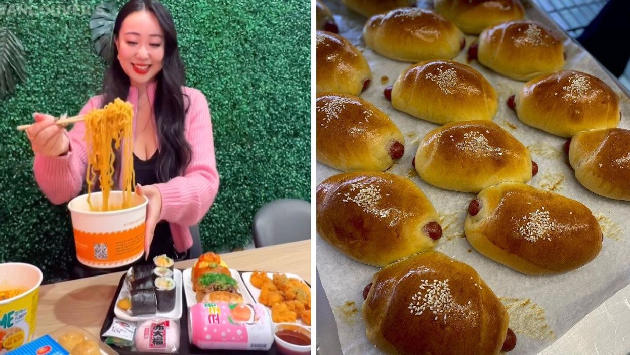 A woman holding up noodles with a tray of food in front of her on a table. Right: A tray full of wiener buns.