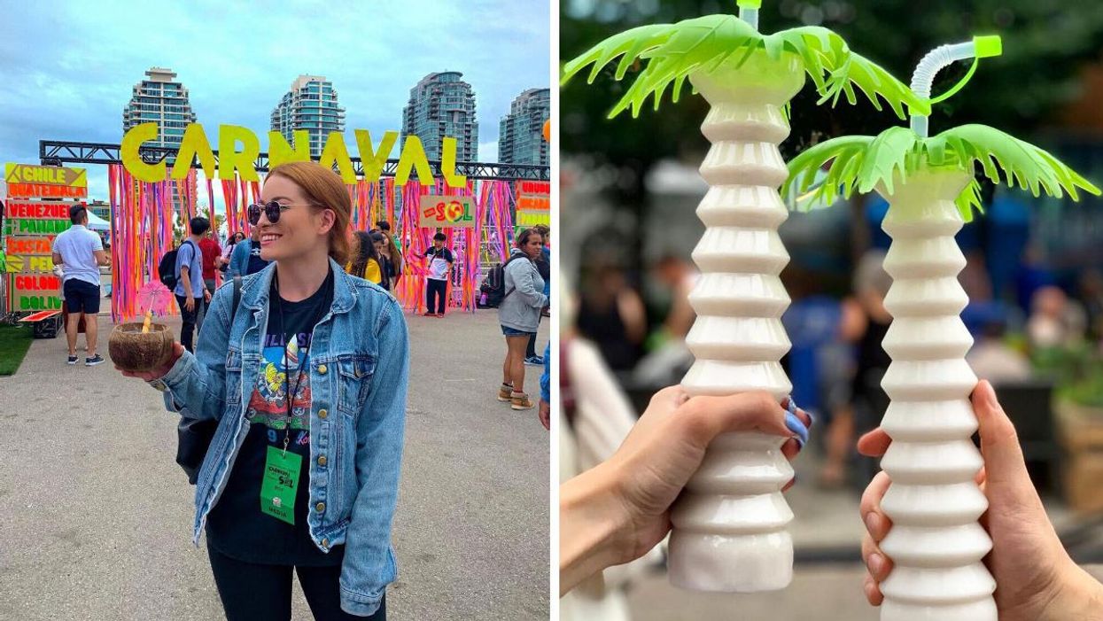 A woman holds a drink at Carnaval del Sol. Right: Drinks in palm tree cups at Taste of Edmonton.