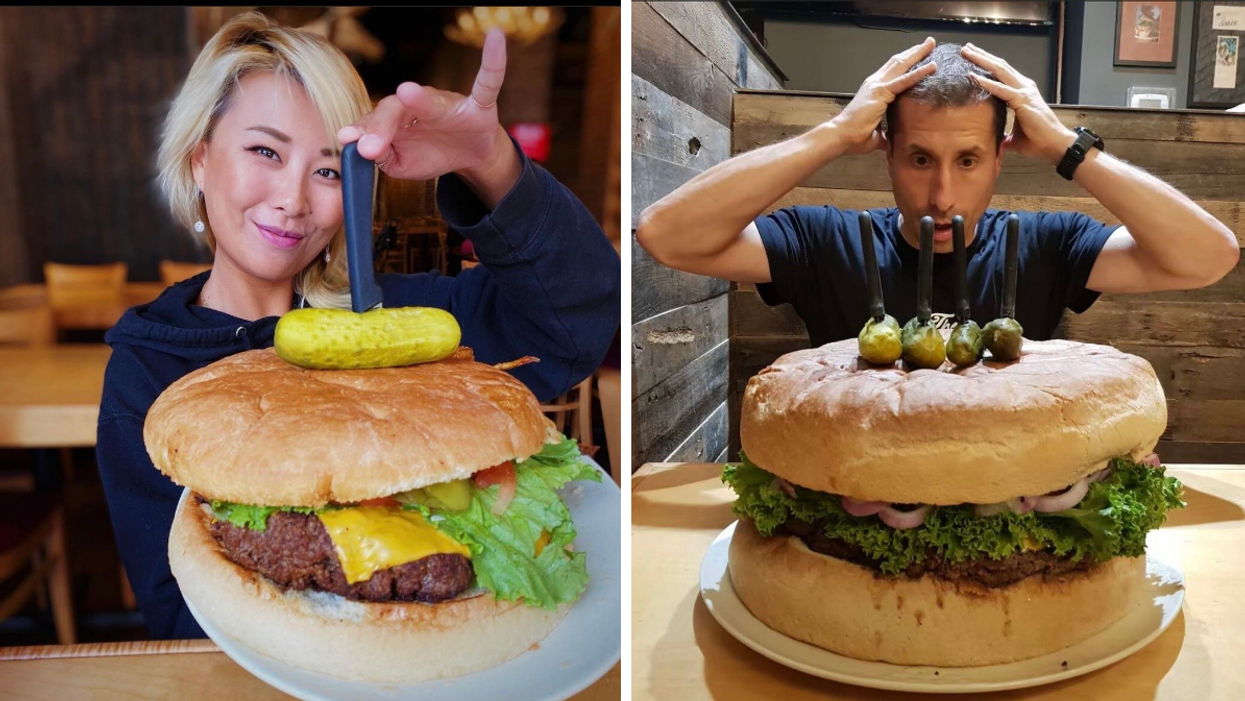 A woman holds a plate with a giant burger. Right: A man with the 25-pound burger in front of him.