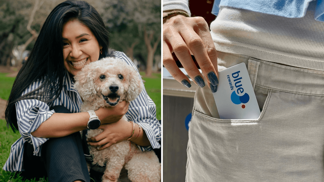 A woman hugging her small dog outdoors beside a close-up of a Blue Rewards card being placed into a pocket.