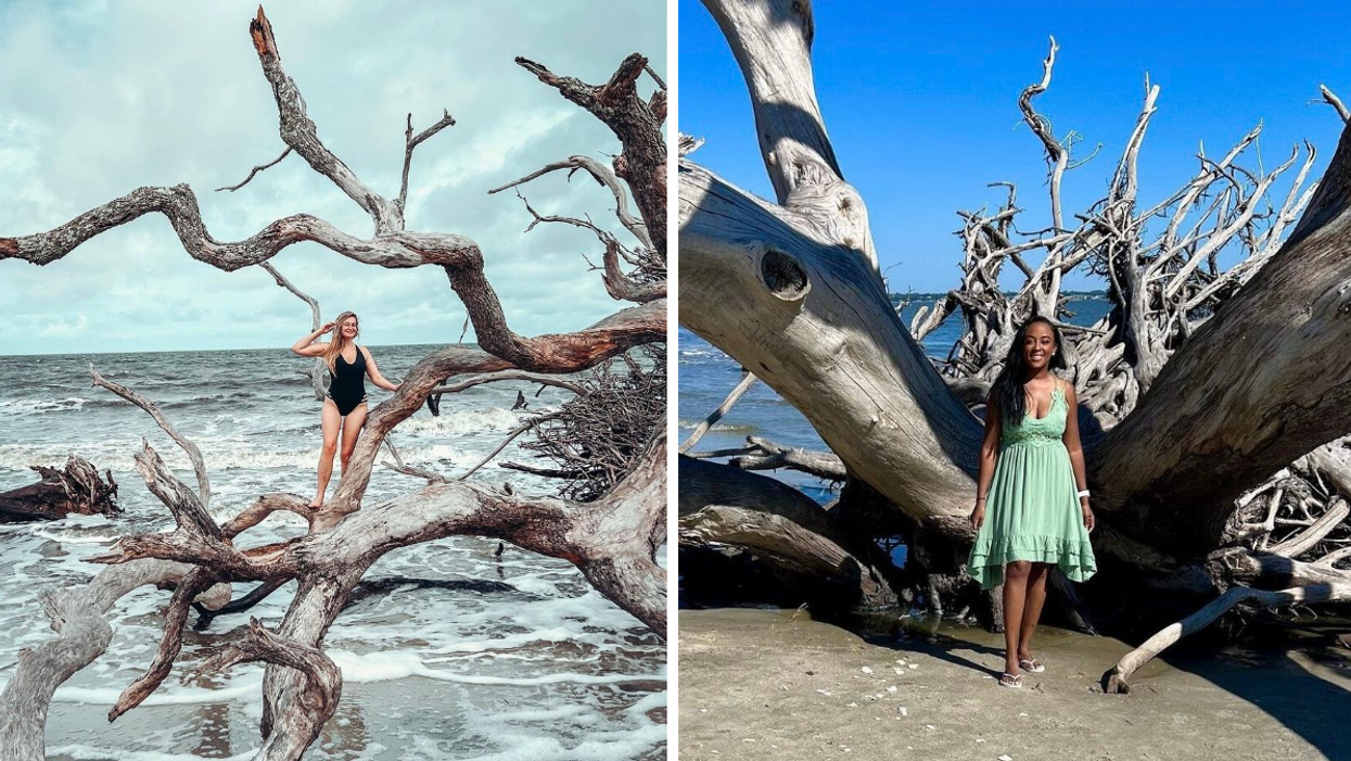 A woman in a bathing suit at Driftwood Beach. Right: A woman in a green dress at Driftwood Beach.