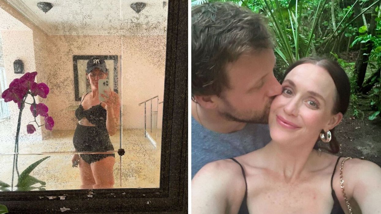 A woman in a bathing suit taking a selfie in a mirror. Right: A man kissing a woman on the cheek.