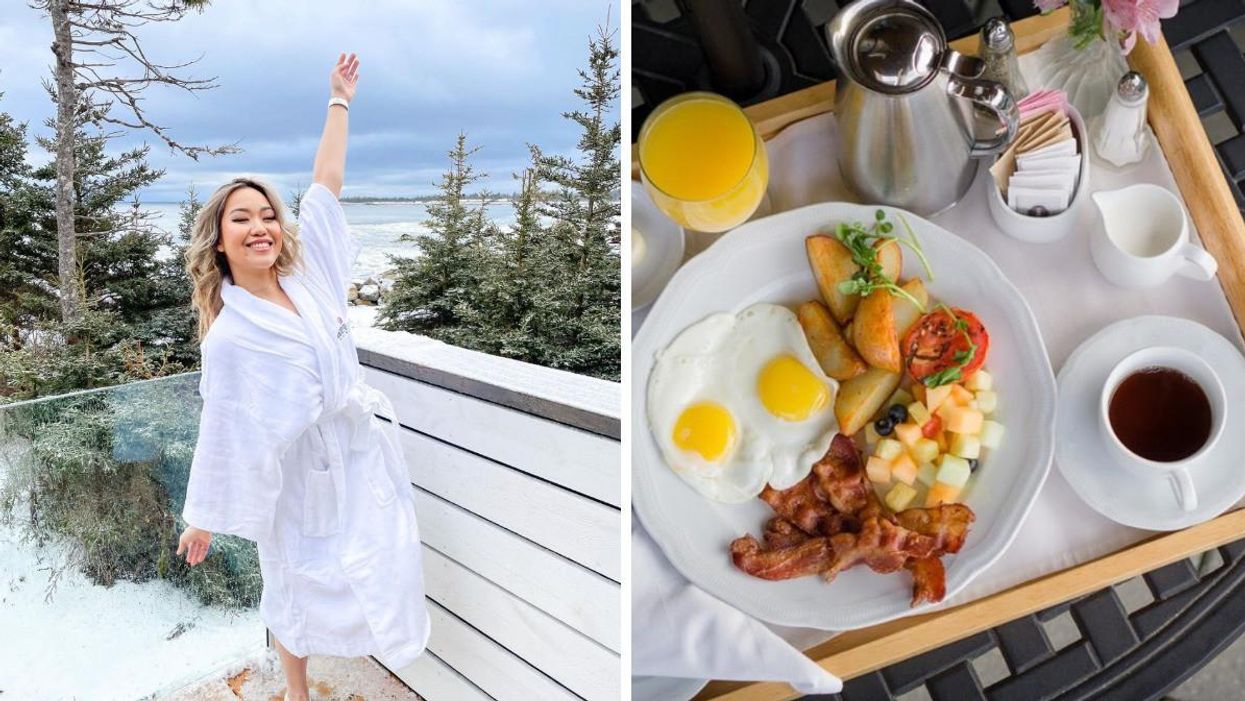 A woman in a bathrobe posing outside in the winter at White Point Beach Resort, Nova Scotia. Right: A breakfast tray with eggs, bacon, fruit and coffee.