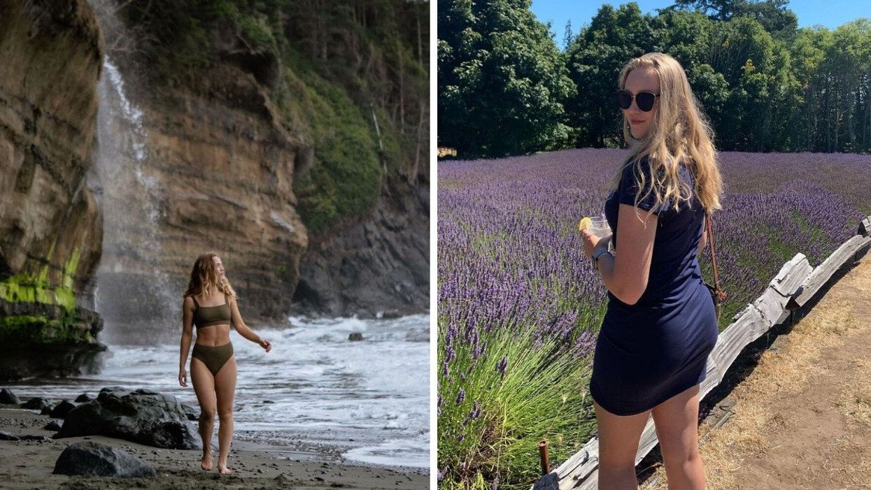 A woman in a bikini walking along a beach with a waterfall behind her. Right: A woman in a navy blue dress looking over her shoulder while holding a drink and standing next to a lavender field.
