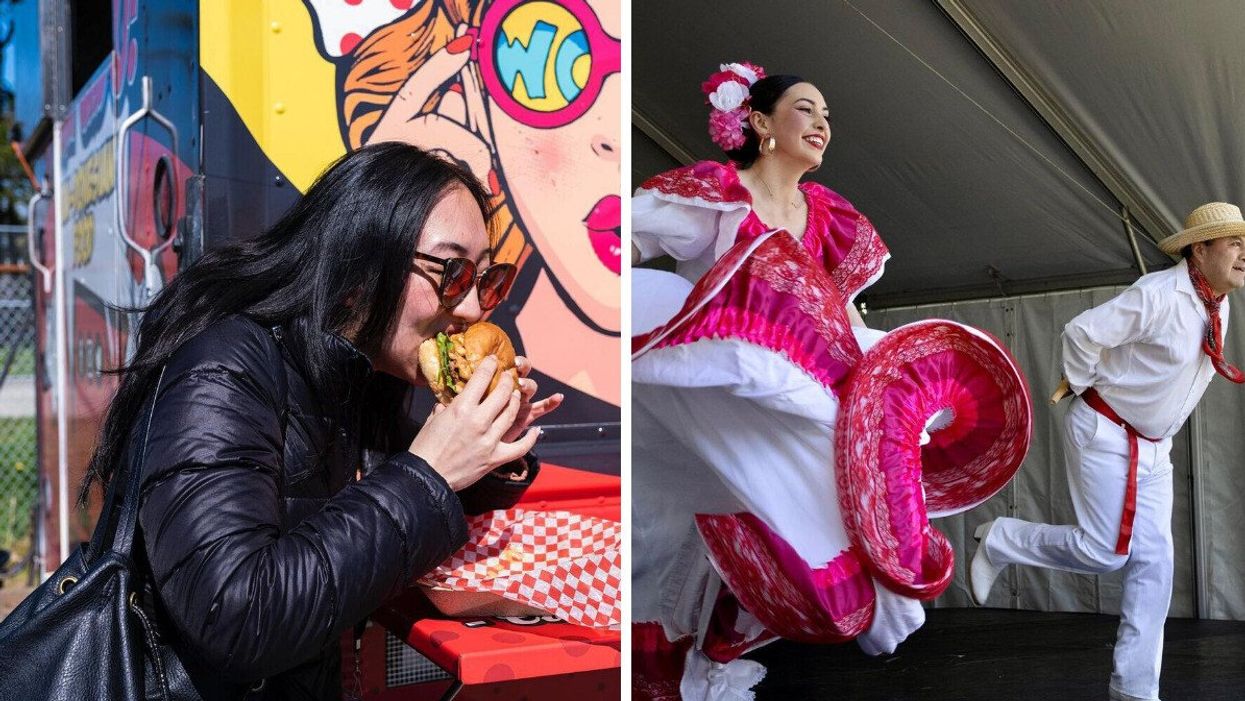 A woman in a black jacket wearing sunglasses is biting into a burger. Right: Two dancers on stage performing for the audience.
