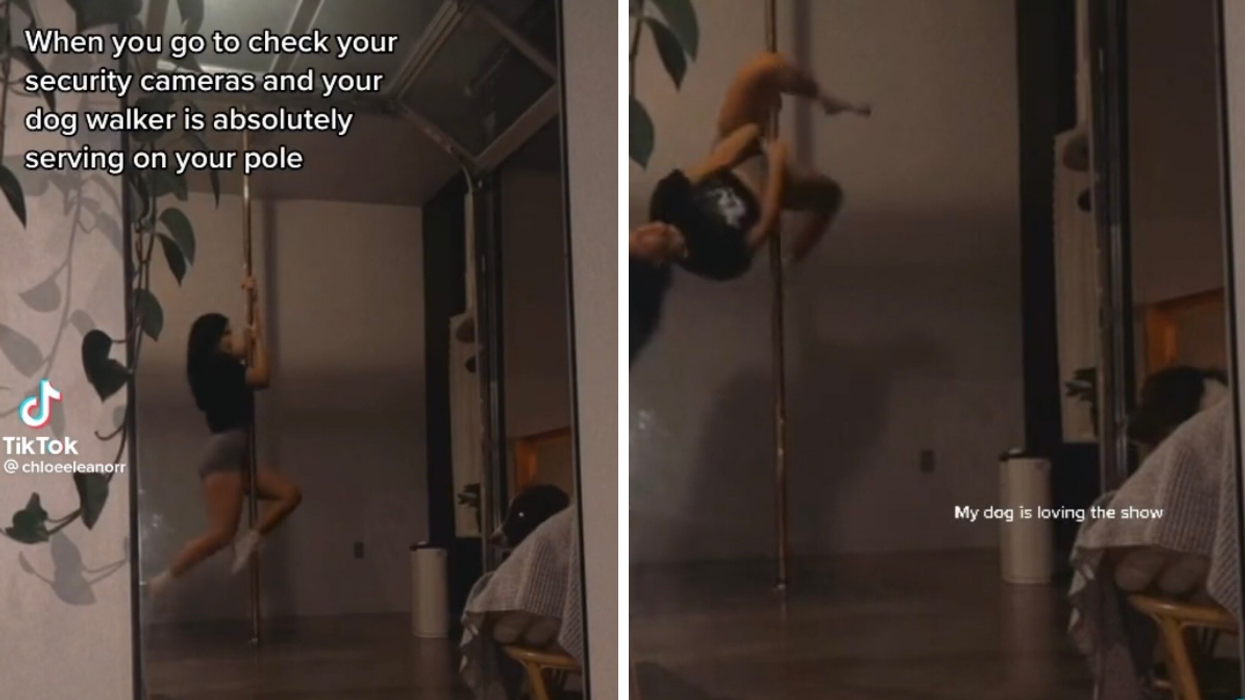 A woman in a black shirt and grey shorts using an exercise pole. Right: A woman using an exercise pole.