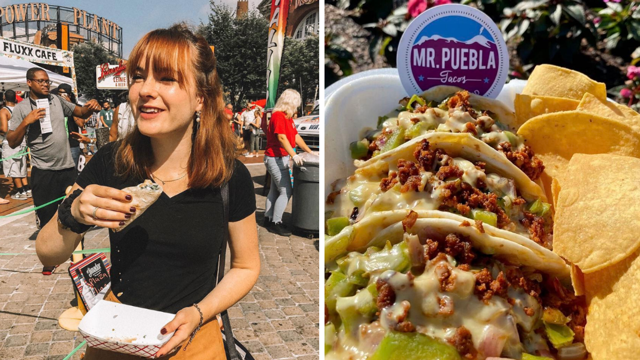 A woman in a black shirt holding a taco. Right: A plate of tacos and tortilla chips.