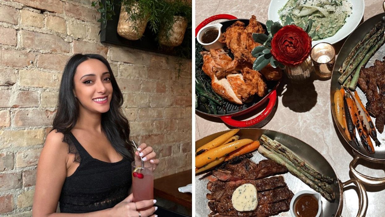 A woman in a black shirt with a cocktail in her hand. Right: A table setting with a red flower, steak, chicken, veggies and more.