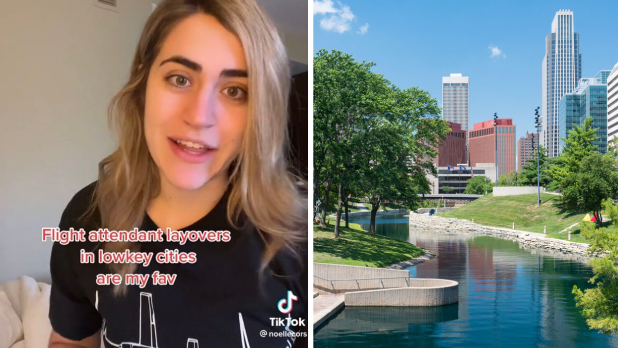 A woman in a black top. Right: A water way and buildings in Omaha, NE.