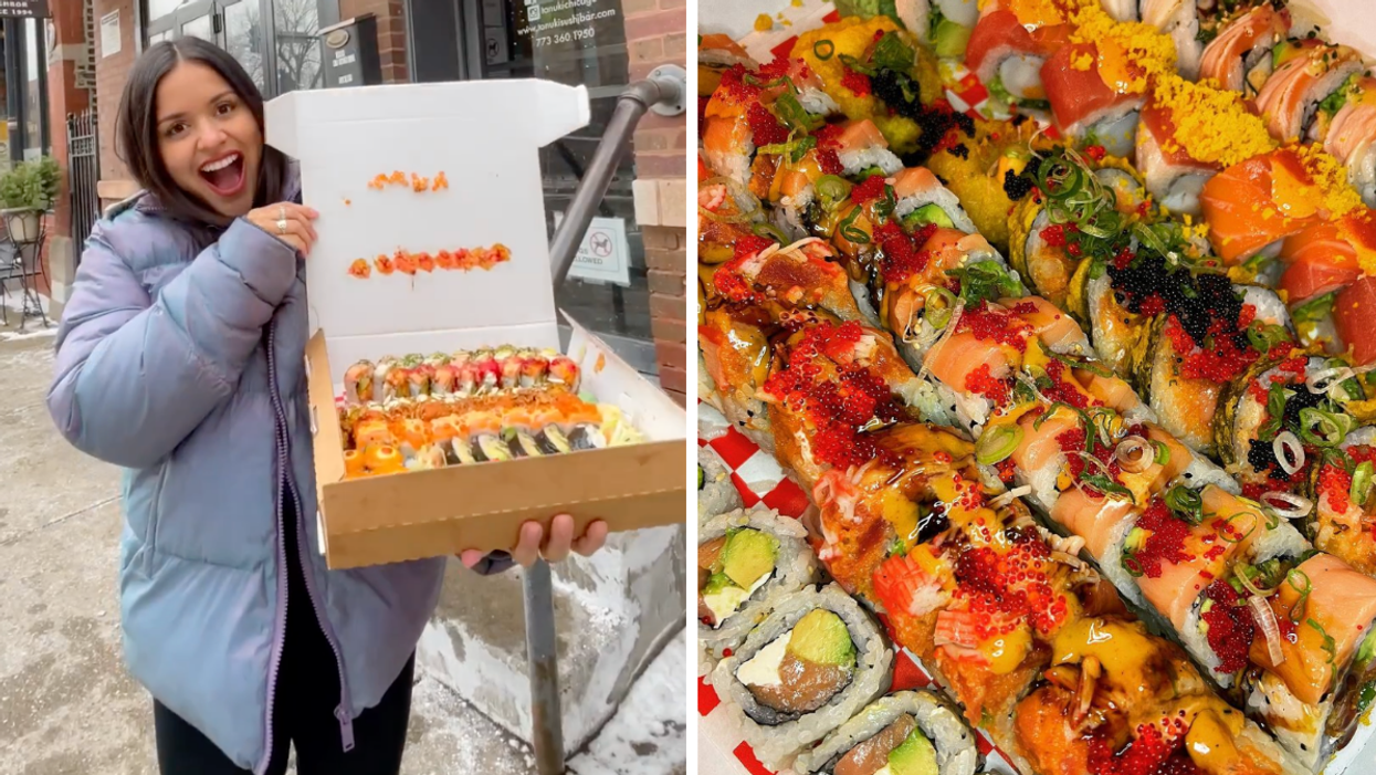 A woman in a blue jacket holding a pizza box with sushi inside. Right: Sushi rolls.