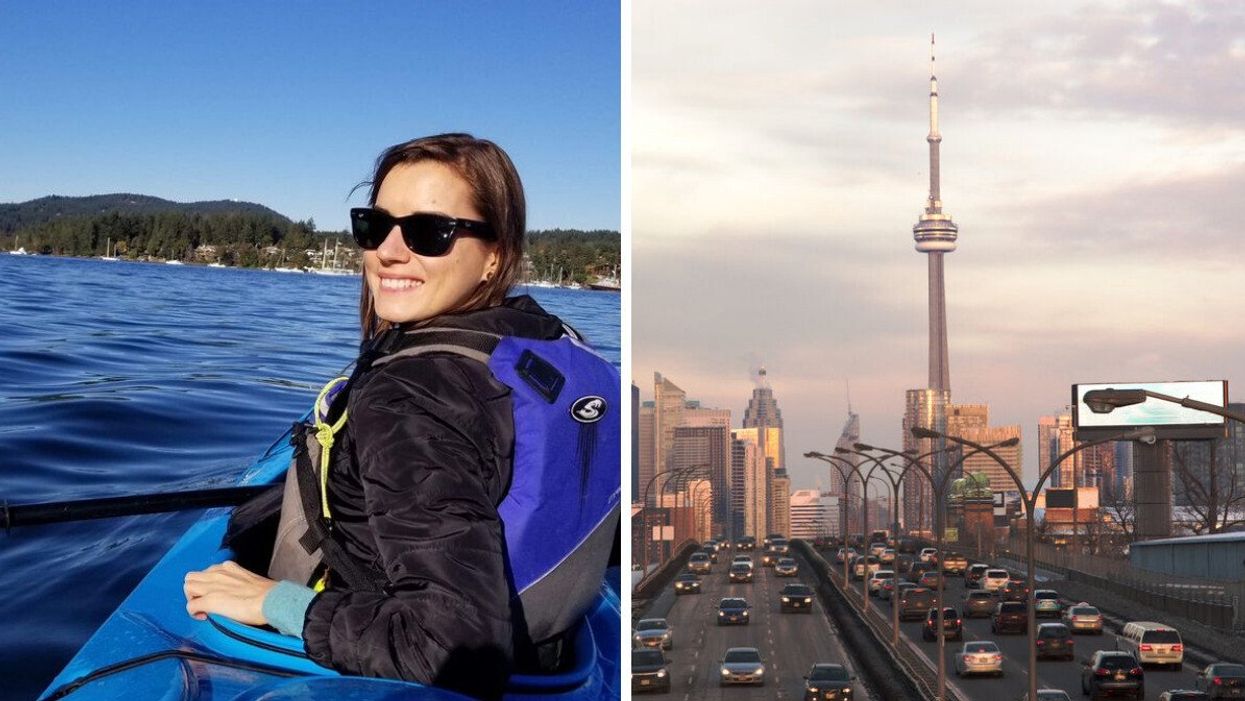 A woman in a blue kayak wearing a blue life jacket and black sunglasses, looking back and smiling at the camera. Right: Vehicles on a busy highway with tall buildings and the CN Tower behind.