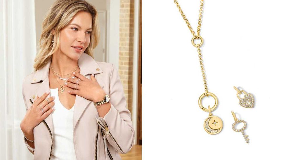 A woman in a blush-coloured jacket wearing customized charm necklaces. Right: Necklace charms on a white background.