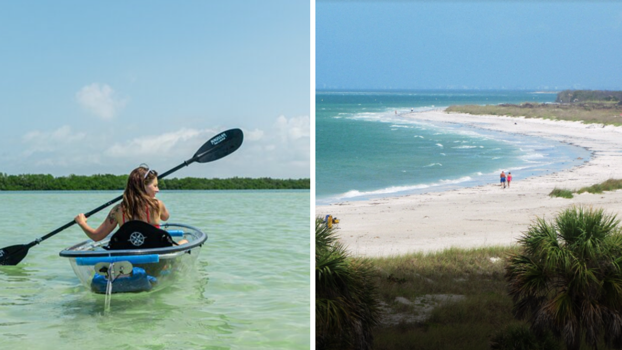 A woman in a clear bottom kayak. Right: The beach.