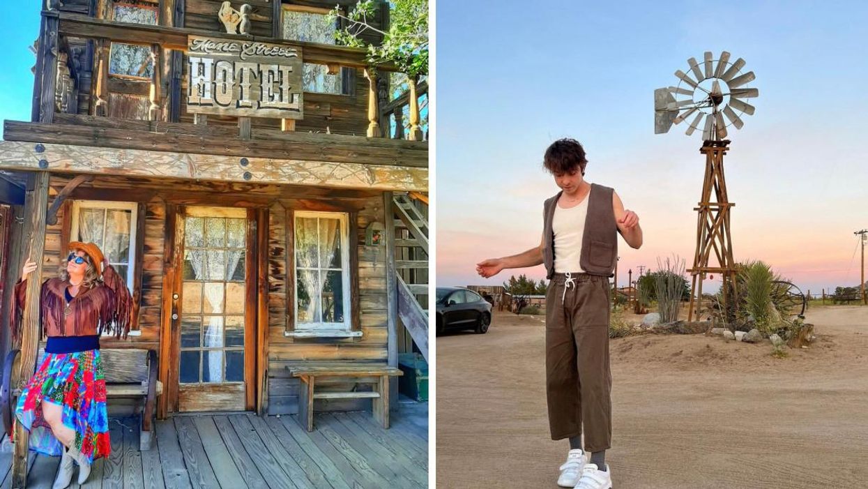 A woman in a colorful skirt and boots in front of an old hotel. Right: A man standing in front of a windmill.