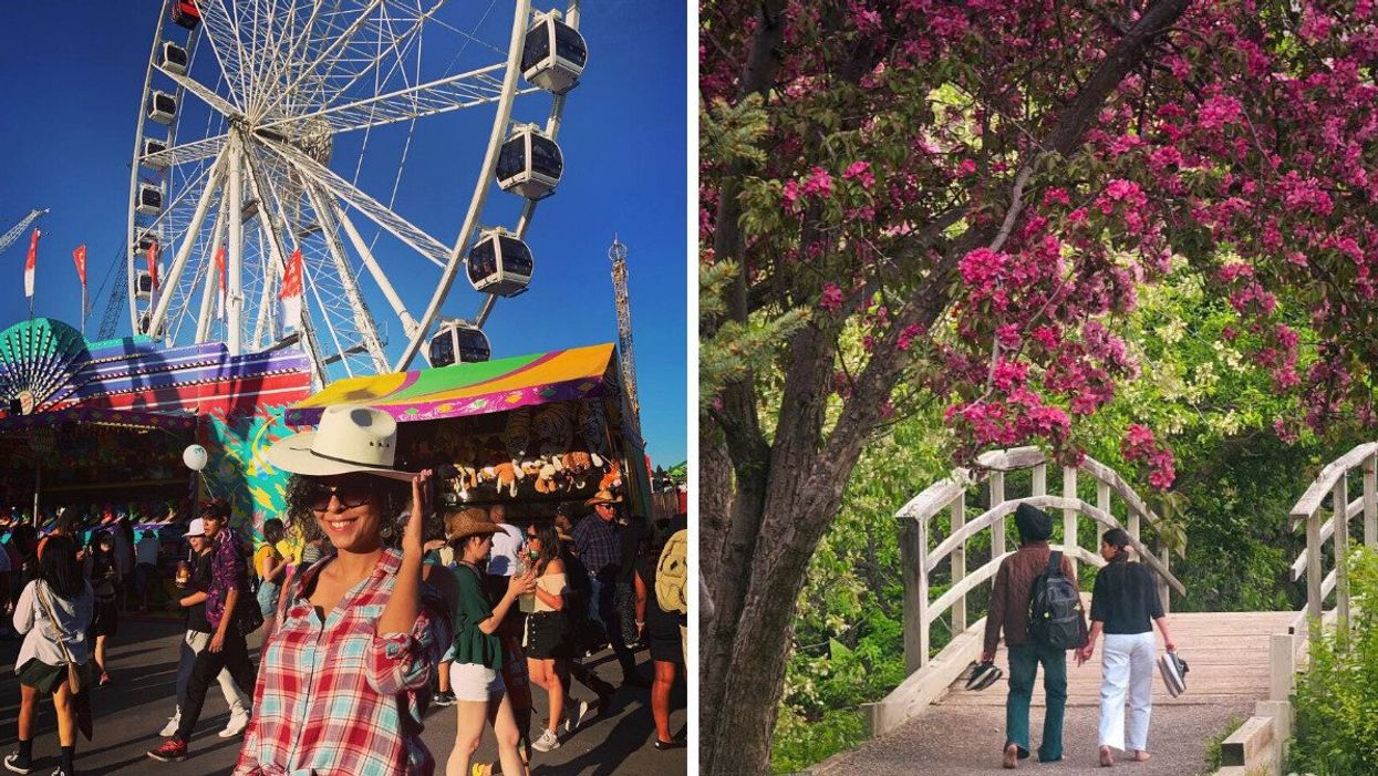 A woman in a cowboy hat and plaid shirt in front of a ferris wheel and carnival games. Right: A couple walking barefoot over a small bridge surrounded by trees.