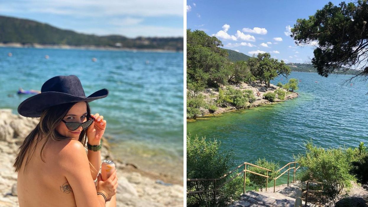 A woman in a cowboy hat at Hippie Hollow Park. Right: A body of water and surrounding greenery in Hippie Hollow Park in Austin, Texas.