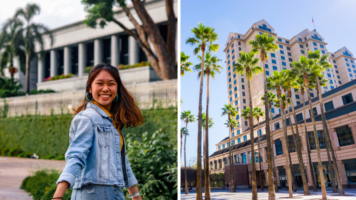 A woman in a denim blue jacket. Right: Palm trees surrounded by buildings in San Jose, CA.